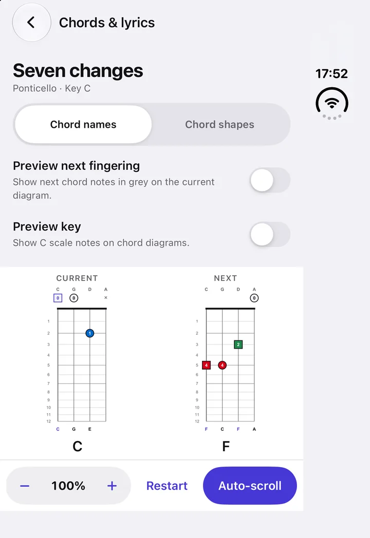 A chord chart showing the current and next chord shapes, with auto-scroll controls.