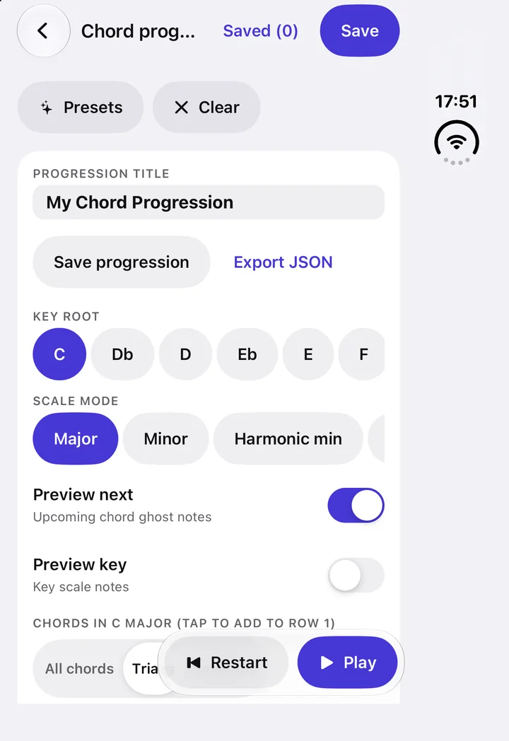 The chord progression builder: key, scale mode, preview toggles and a floating transport.
