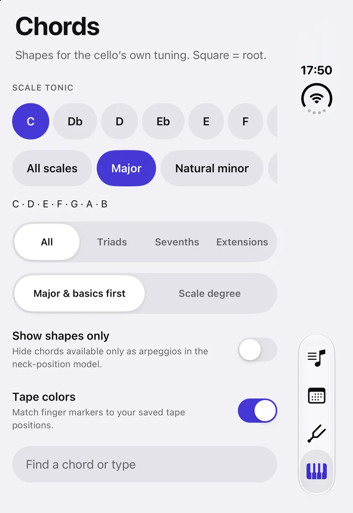 The Chords tab: scale tonic, scale mode and chord family filters.