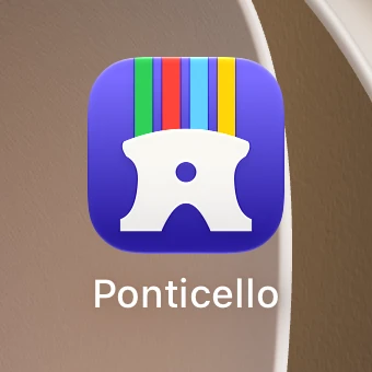 The Ponticello icon on the iPhone Duo home screen: a glassy cello bridge with four coloured strings on an indigo ground.