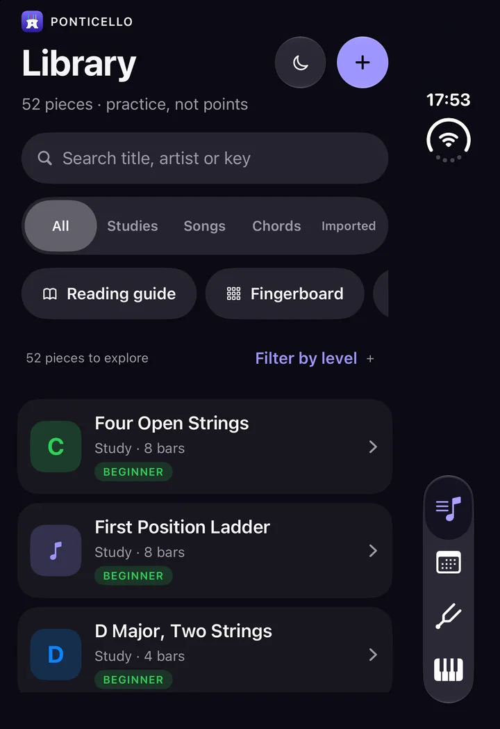 The library in the Dark theme: near-black ground with indigo accents.