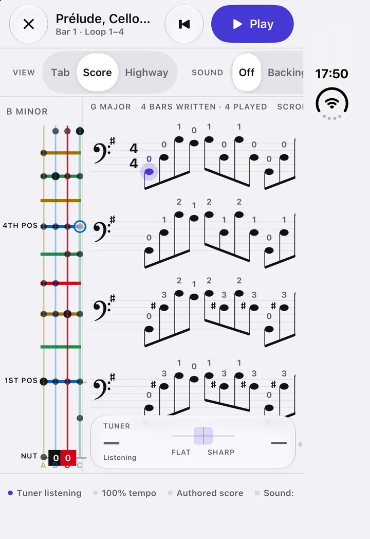 Score view: engraved bass clef with finger numbers above each note.