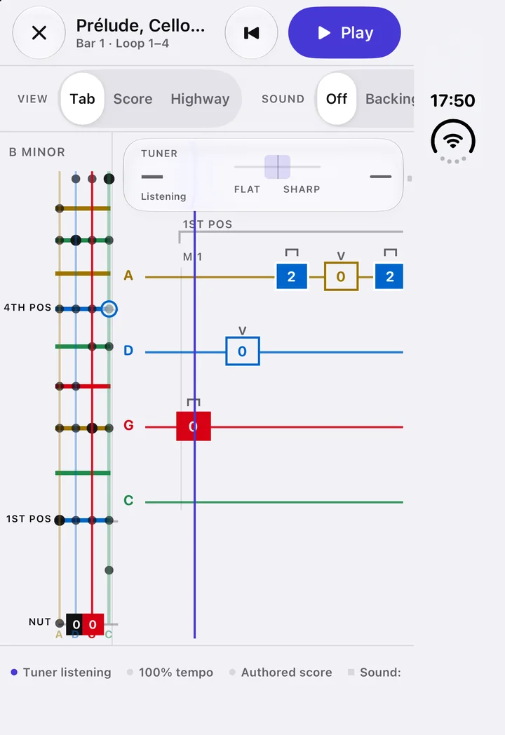 Tab view: Bach's Prélude as finger numbers on four coloured string lines, with the fingerboard beside it.