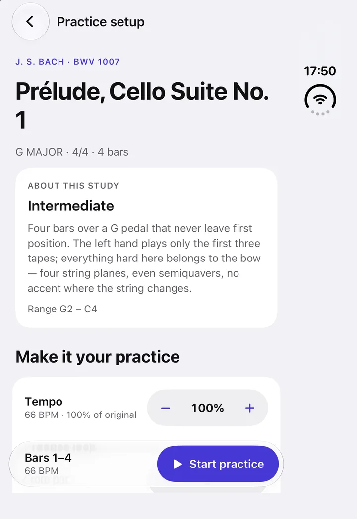 Practice setup: the piece, tempo and loop steppers, and a floating Start practice button.