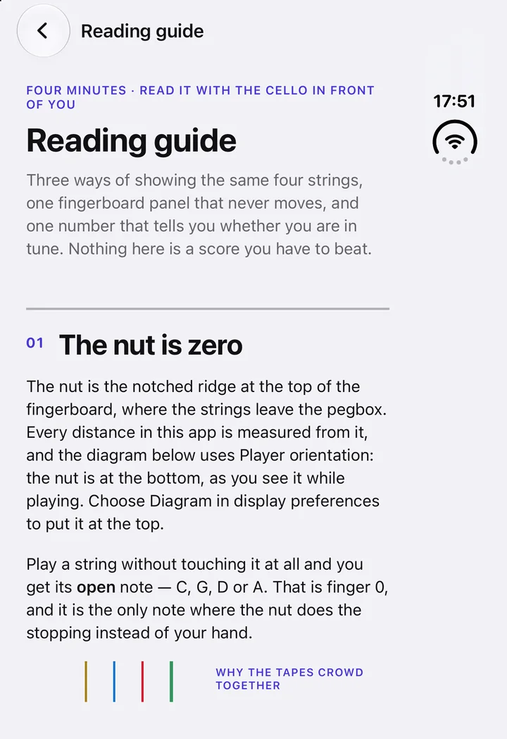 The reading guide explaining the nut, finger numbers and tapes.