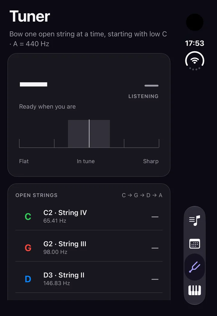 The tuner in the Dark theme.