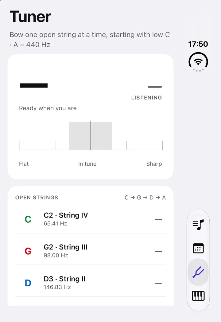 The tuner tab: a cents dial and the four open strings C, G, D and A.